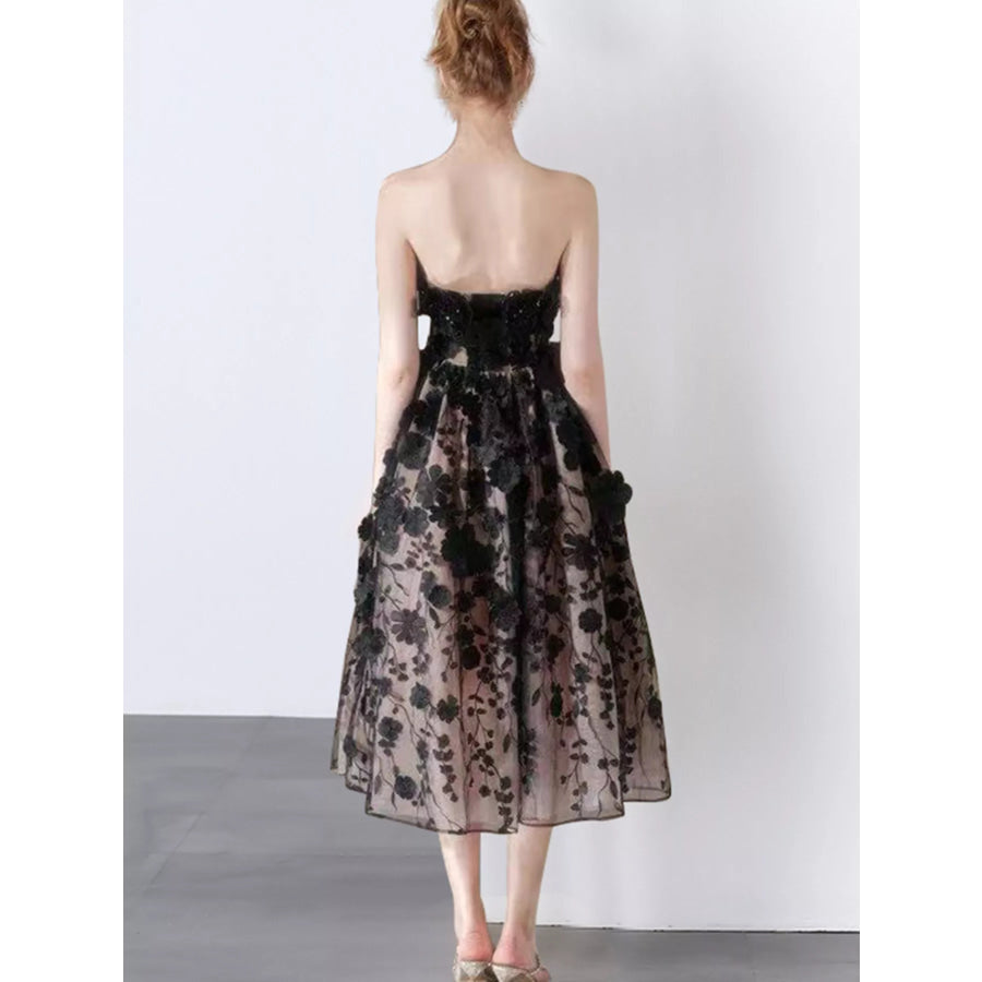 Strapless Floral Applique Midi Dress Apparel and Accessories