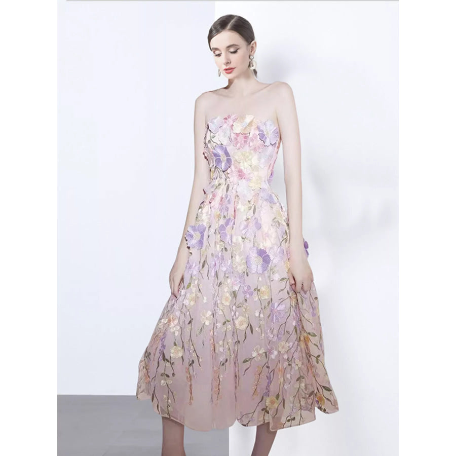 Strapless Floral Applique Midi Dress Apparel and Accessories