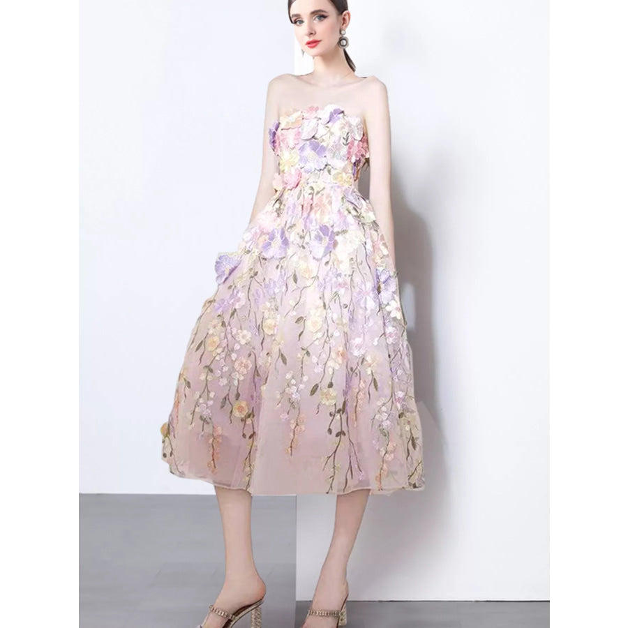 Strapless Floral Applique Midi Dress Apparel and Accessories