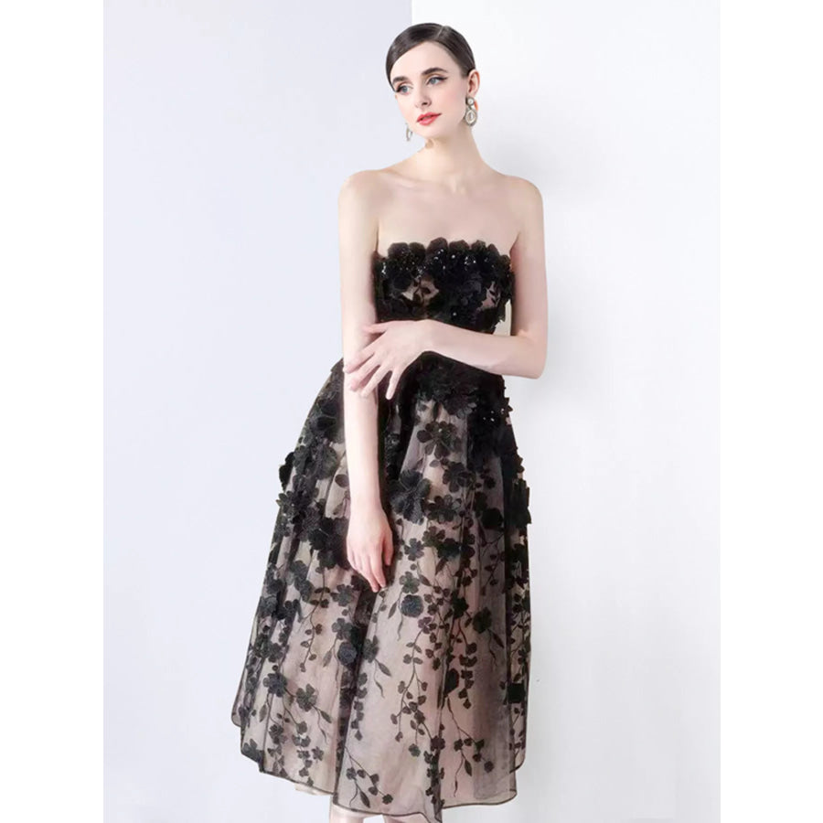 Strapless Floral Applique Midi Dress Black / S Apparel and Accessories