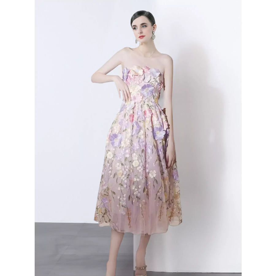 Strapless Floral Applique Midi Dress Purple Pink / S Apparel and Accessories