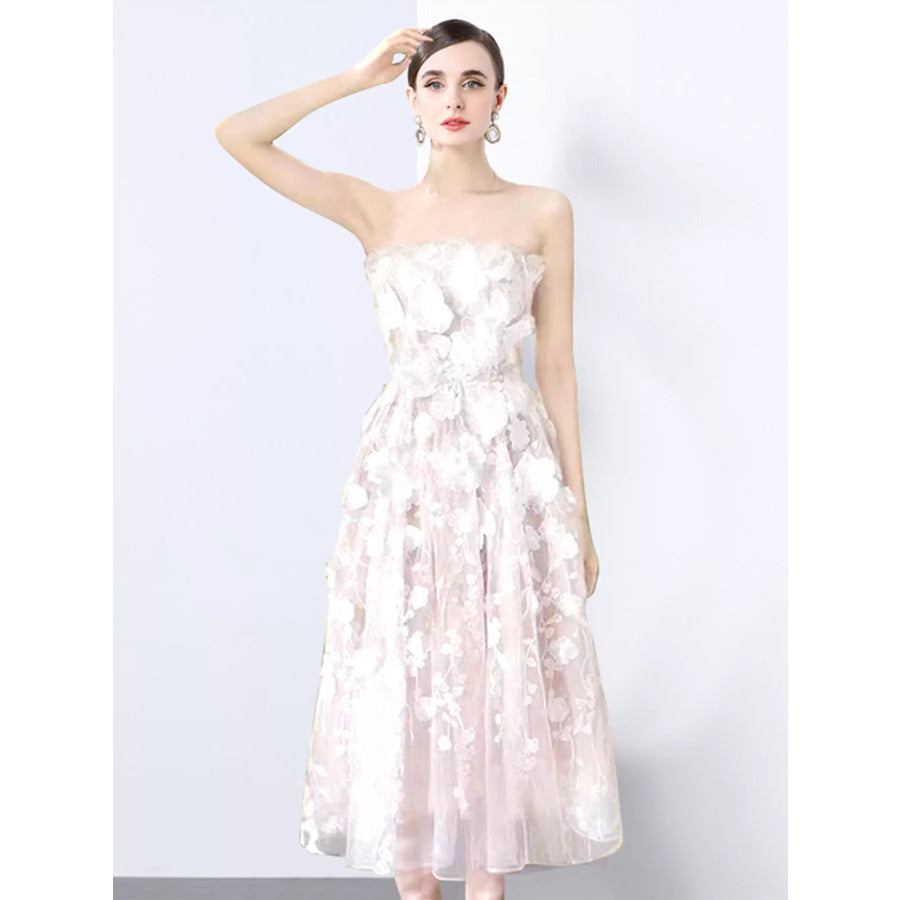 Strapless Floral Applique Midi Dress White / S Apparel and Accessories