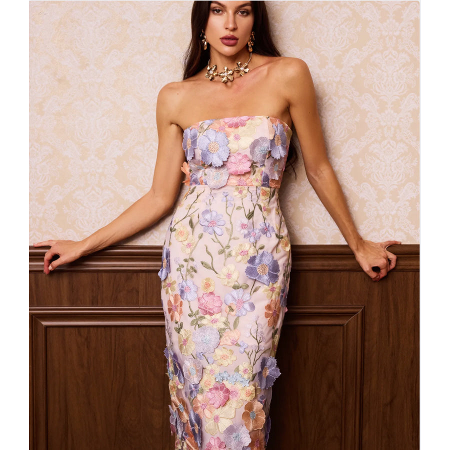 Strapless Floral Embroidery Midi Dress S Women’s Fashion - Weddings & Events - Evening Dresses