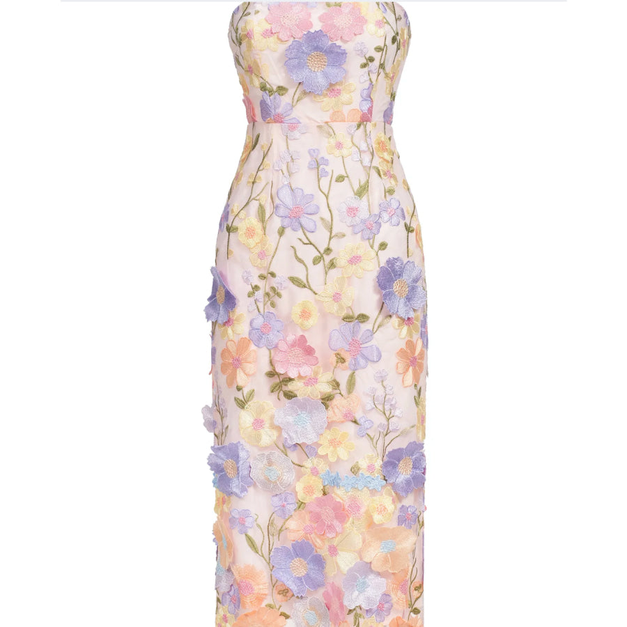 Strapless Floral Embroidery Midi Dress Women’s Fashion - Weddings & Events - Evening Dresses