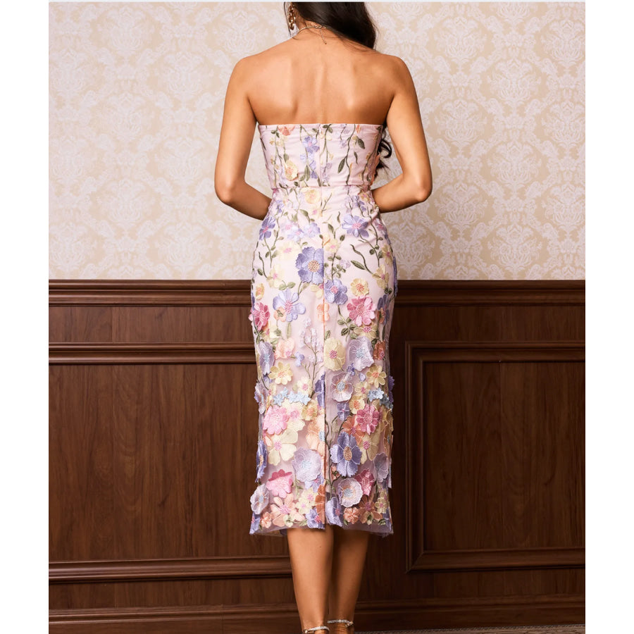 Strapless Floral Embroidery Midi Dress Women’s Fashion - Weddings & Events - Evening Dresses