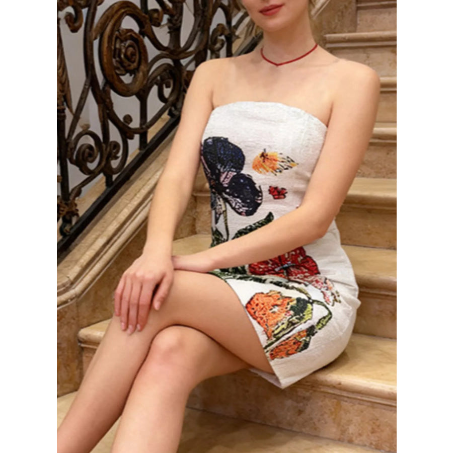 Strapless Floral Mini Dress White / S Apparel and Accessories