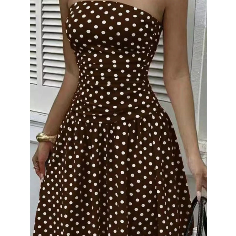 Strapless Polka Dot Ruched Maxi Dress Apparel and Accessories