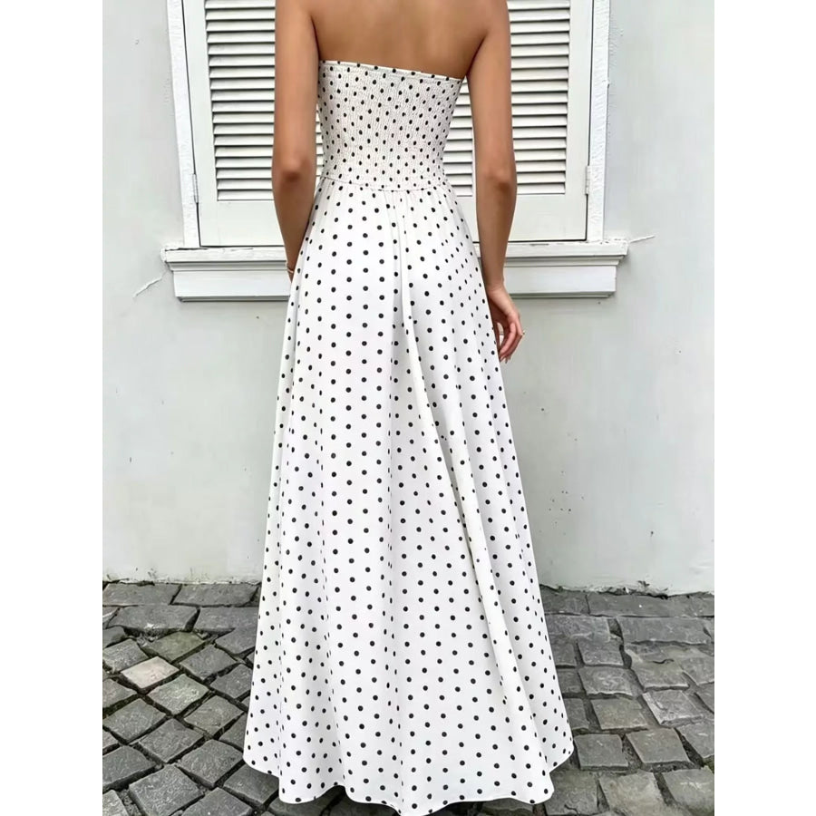 Strapless Polka Dot Ruched Maxi Dress Apparel and Accessories