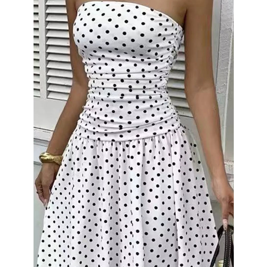 Strapless Polka Dot Ruched Maxi Dress Apparel and Accessories