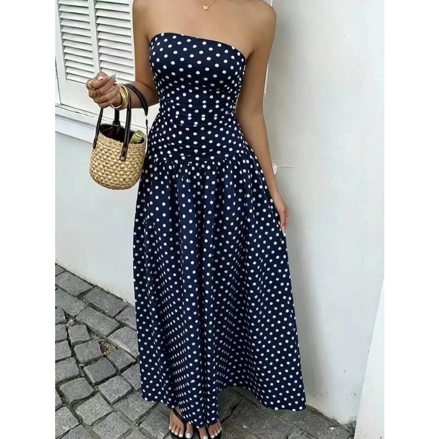 Strapless Polka Dot Ruched Maxi Dress Apparel and Accessories