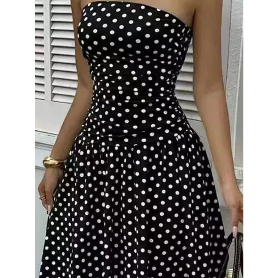 Strapless Polka Dot Ruched Maxi Dress Apparel and Accessories