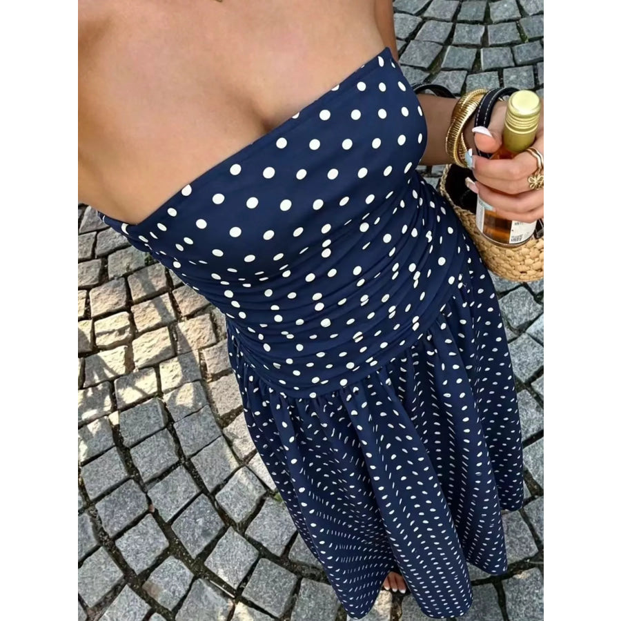 Strapless Polka Dot Ruched Maxi Dress Apparel and Accessories