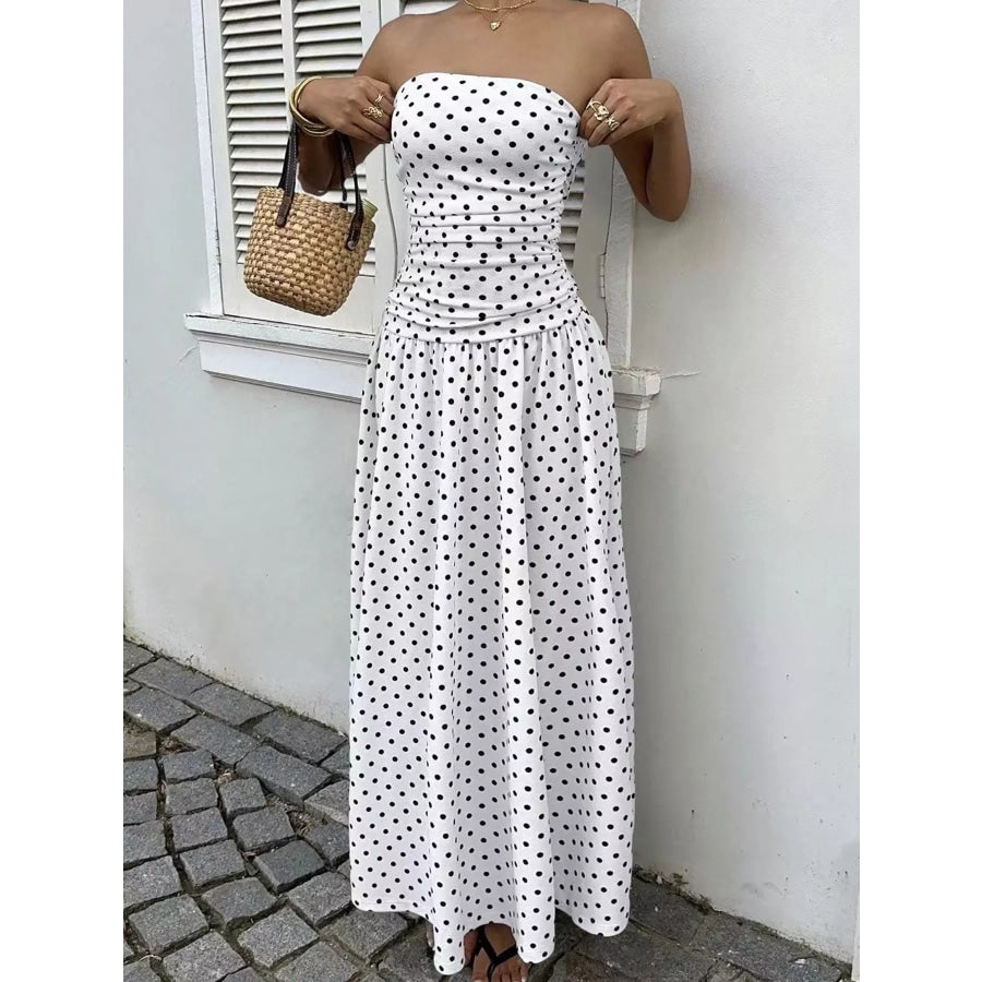 Strapless Polka Dot Ruched Maxi Dress Apparel and Accessories