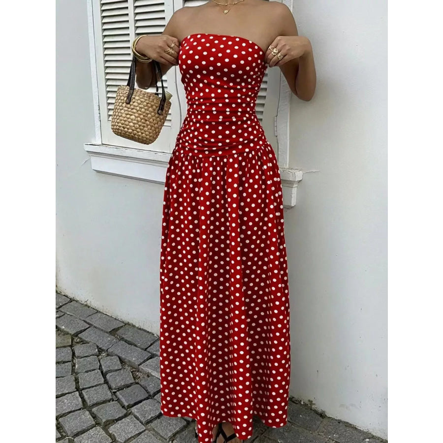 Strapless Polka Dot Ruched Maxi Dress Apparel and Accessories