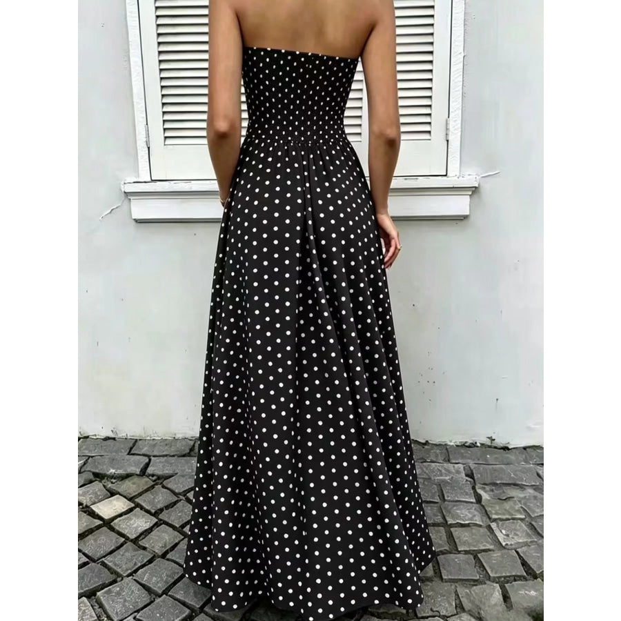 Strapless Polka Dot Ruched Maxi Dress Apparel and Accessories