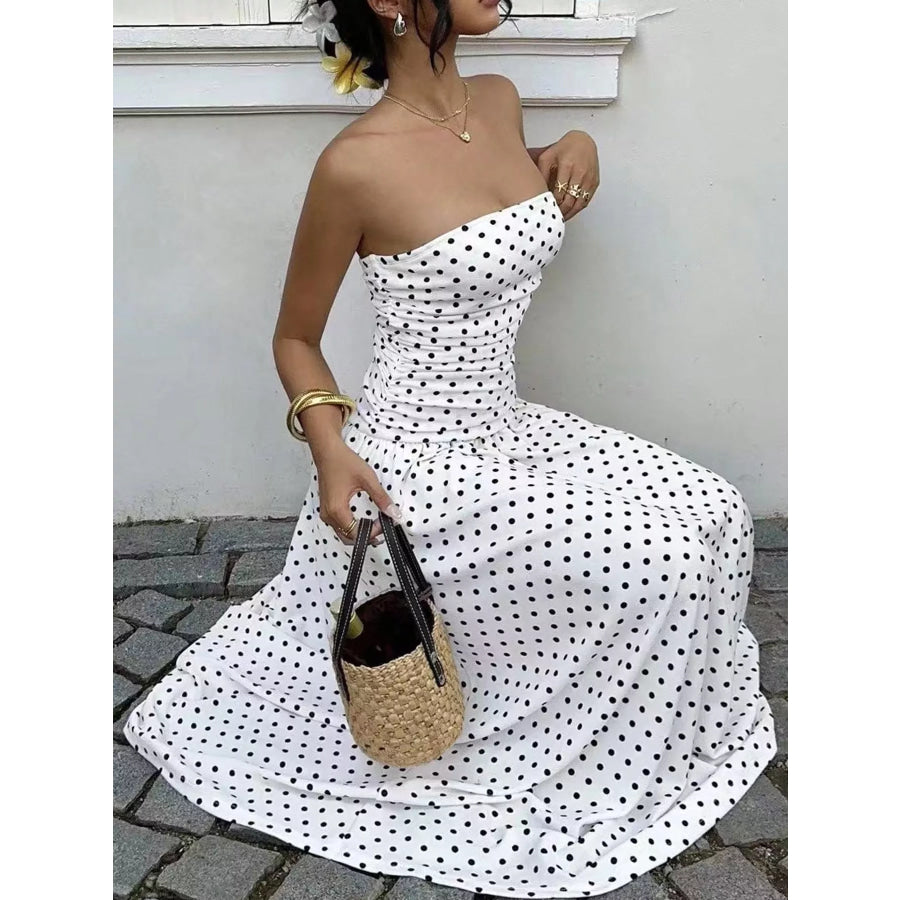 Strapless Polka Dot Ruched Maxi Dress Apparel and Accessories