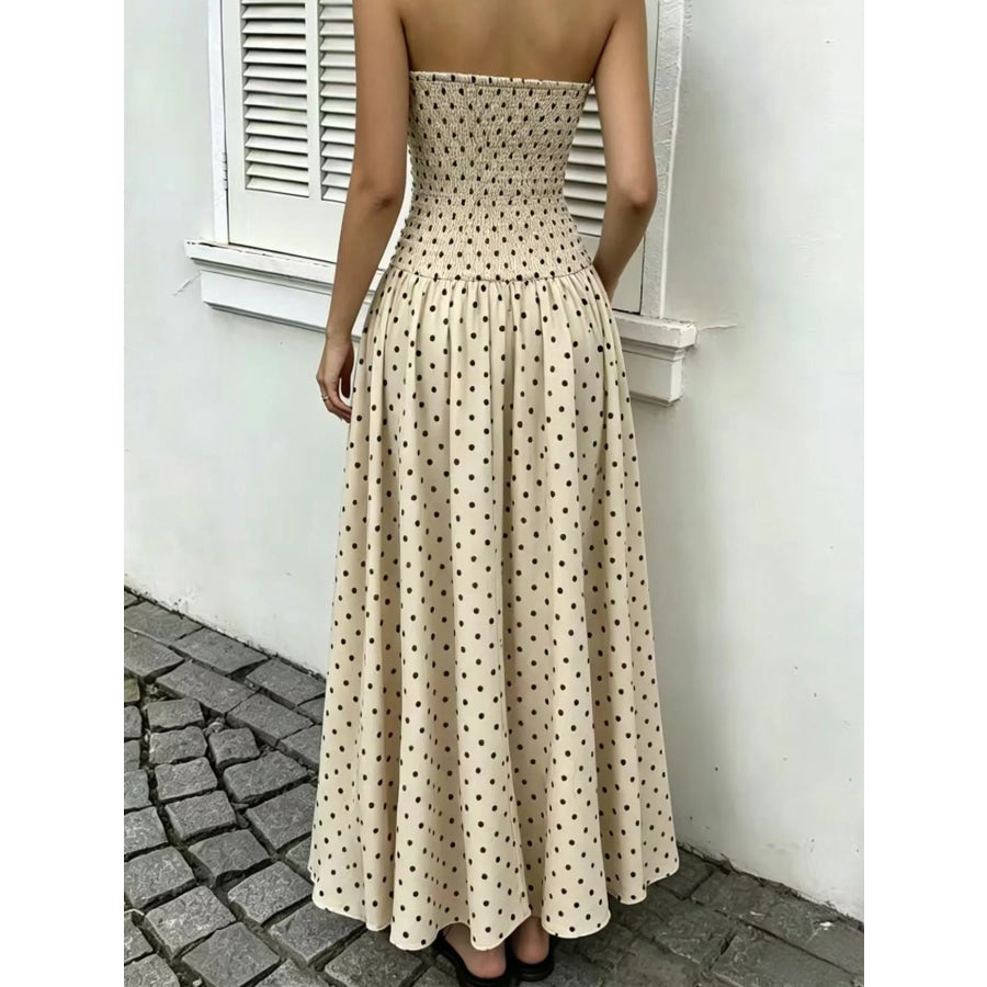 Strapless Polka Dot Ruched Maxi Dress Apparel and Accessories