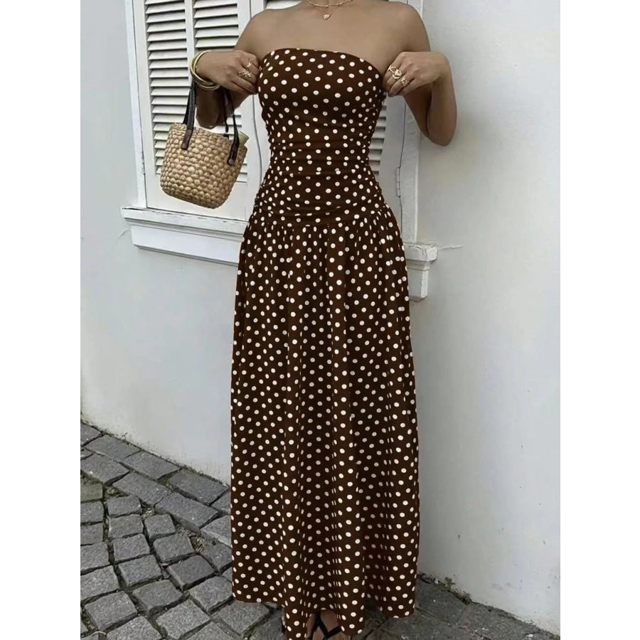 Strapless Polka Dot Ruched Maxi Dress Apparel and Accessories
