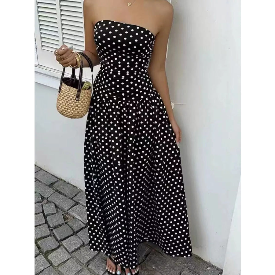 Strapless Polka Dot Ruched Maxi Dress Apparel and Accessories