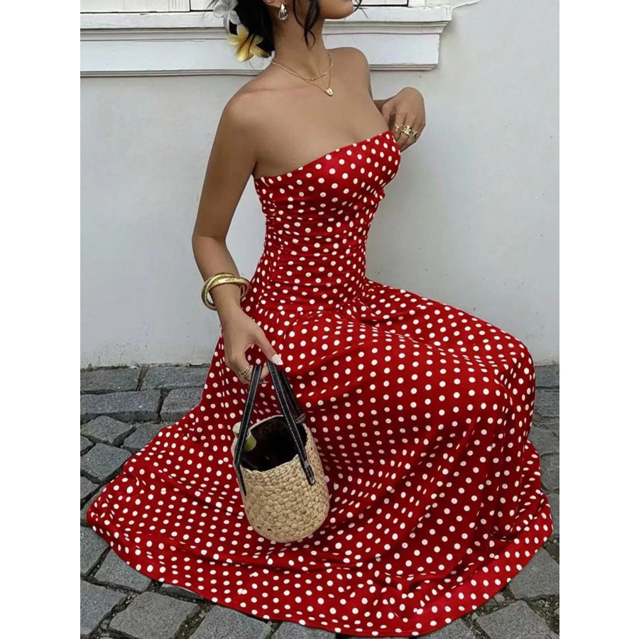 Strapless Polka Dot Ruched Maxi Dress Apparel and Accessories