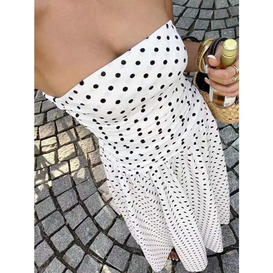 Strapless Polka Dot Ruched Maxi Dress White / S Apparel and Accessories