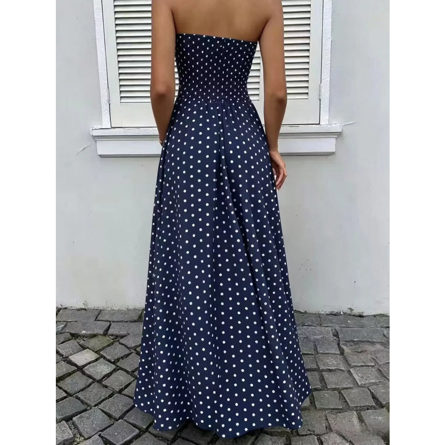 Strapless Polka Dot Ruched Maxi Dress Apparel and Accessories