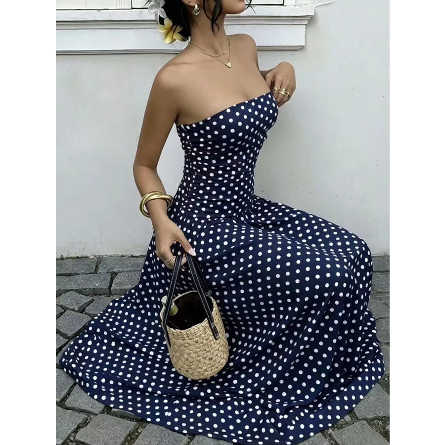 Strapless Polka Dot Ruched Maxi Dress Apparel and Accessories