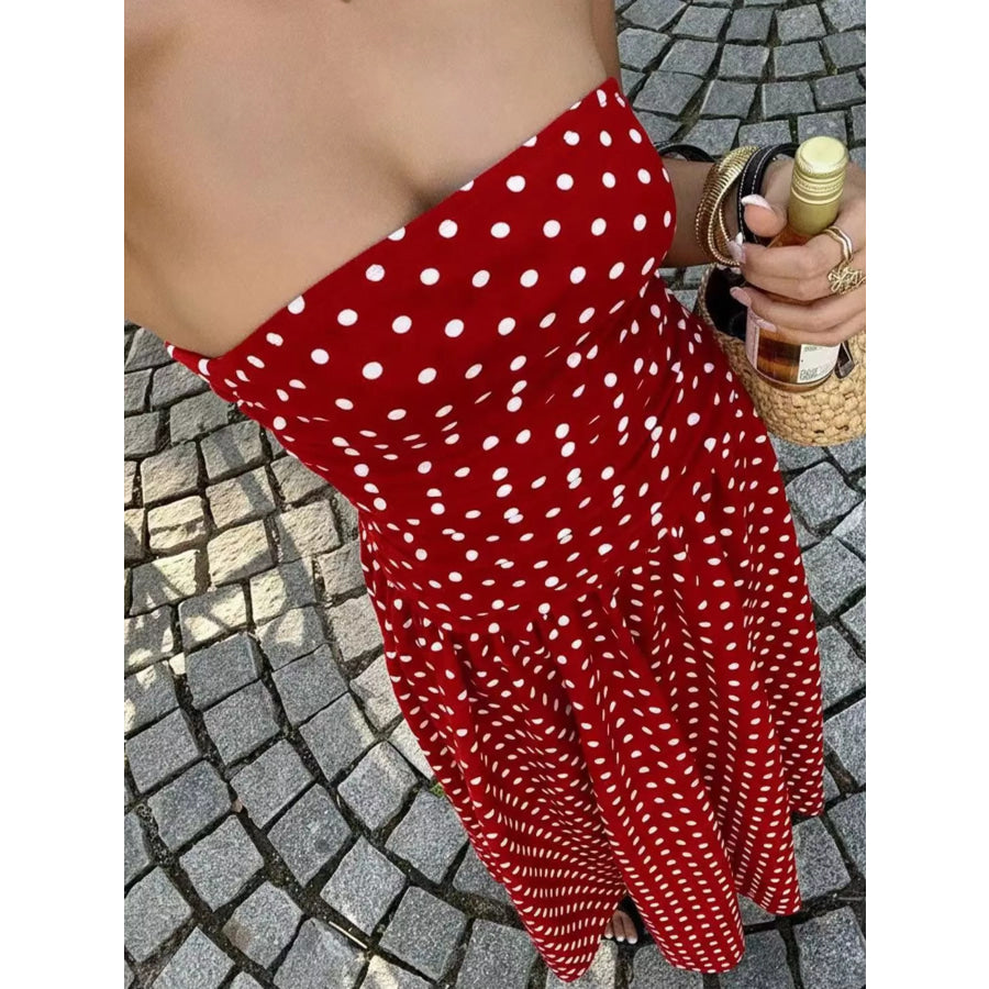 Strapless Polka Dot Ruched Maxi Dress Apparel and Accessories