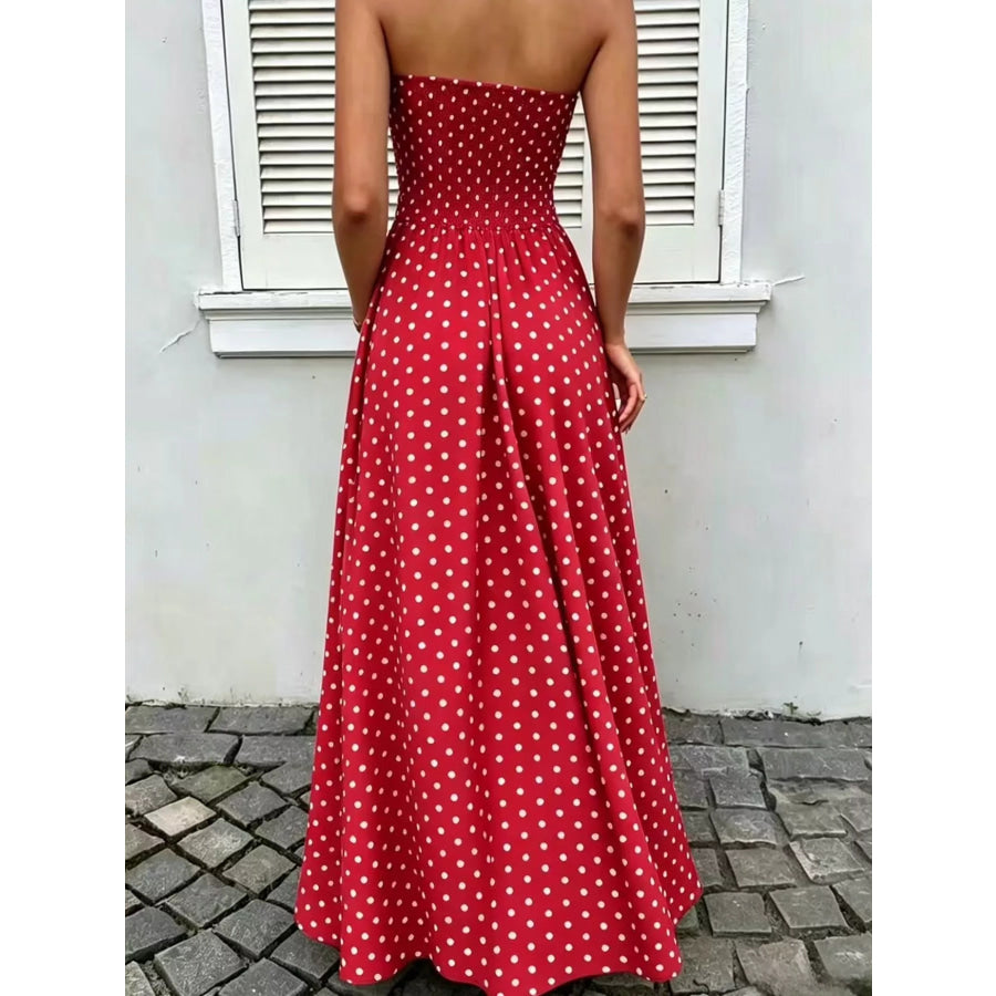 Strapless Polka Dot Ruched Maxi Dress Apparel and Accessories