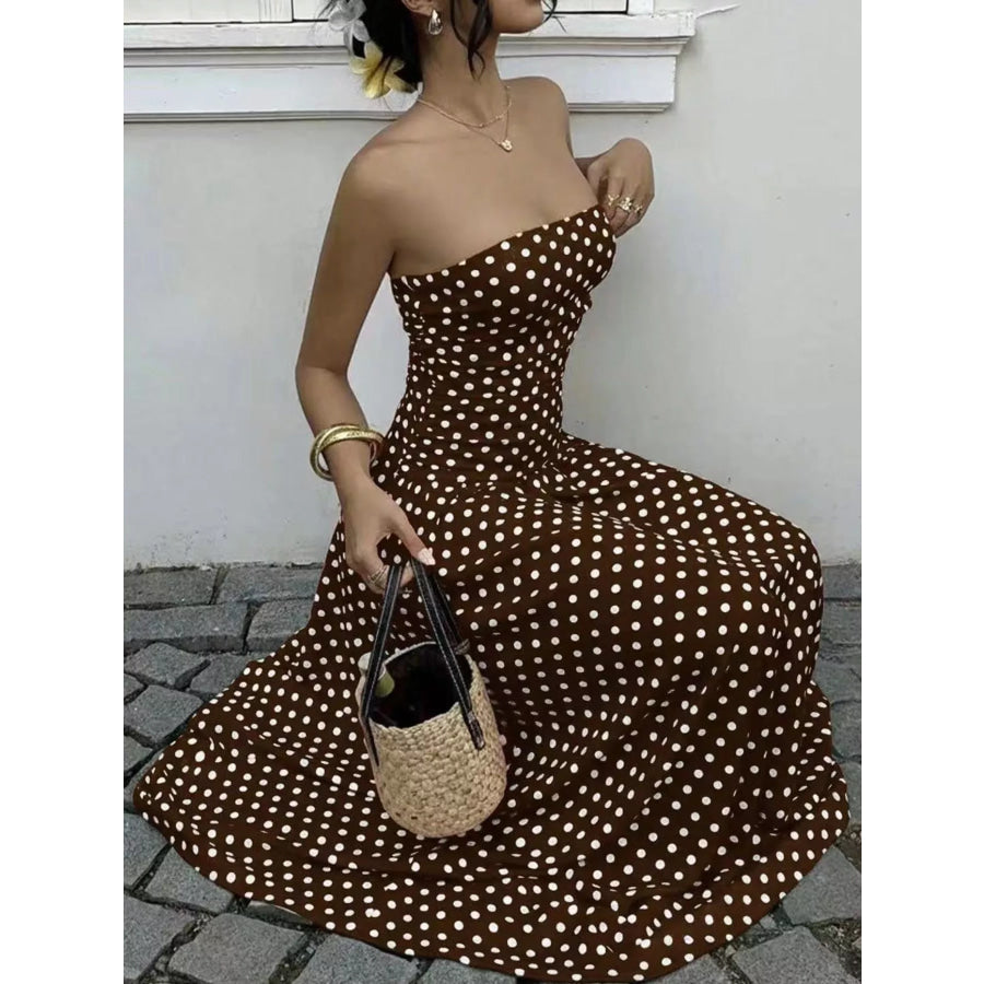 Strapless Polka Dot Ruched Maxi Dress Apparel and Accessories