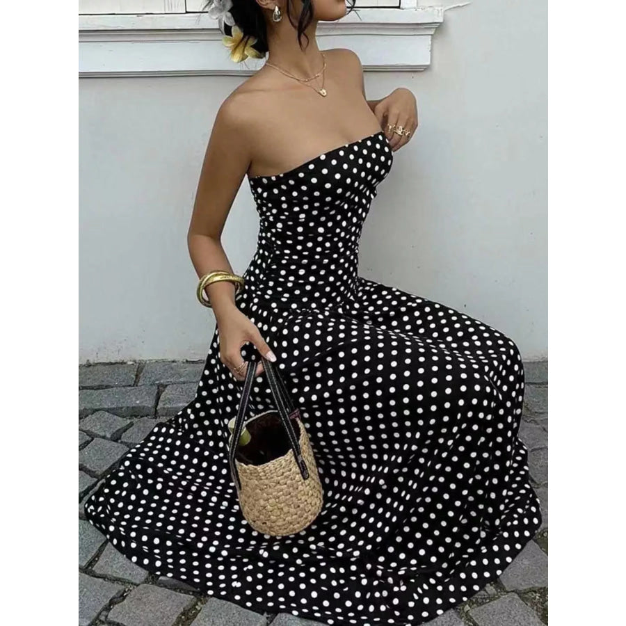 Strapless Polka Dot Ruched Maxi Dress Apparel and Accessories