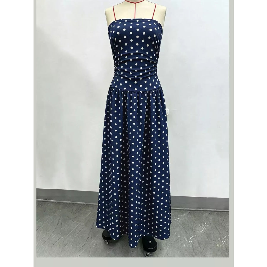 Strapless Polka Dot Ruched Maxi Dress Apparel and Accessories