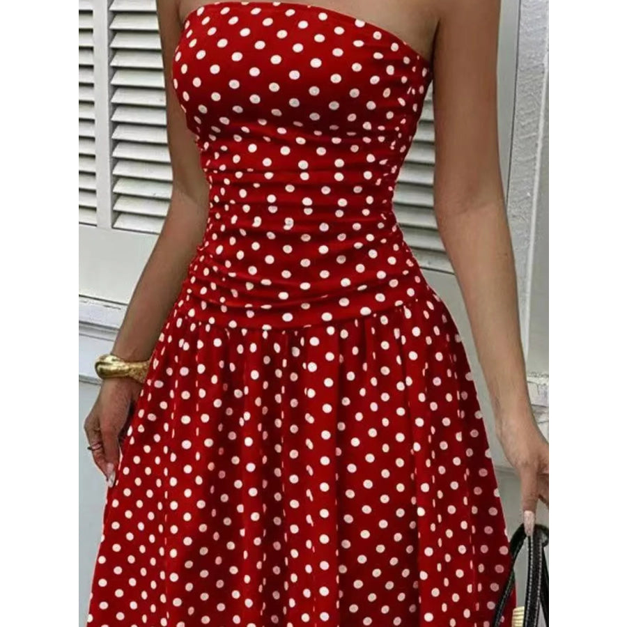 Strapless Polka Dot Ruched Maxi Dress Apparel and Accessories