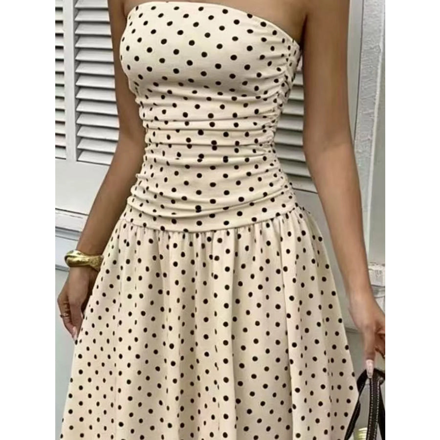 Strapless Polka Dot Ruched Maxi Dress Apparel and Accessories