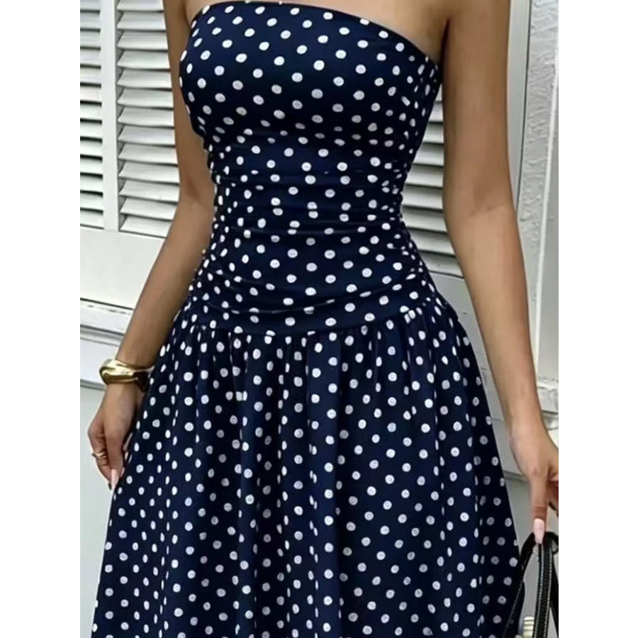 Strapless Polka Dot Ruched Maxi Dress Apparel and Accessories