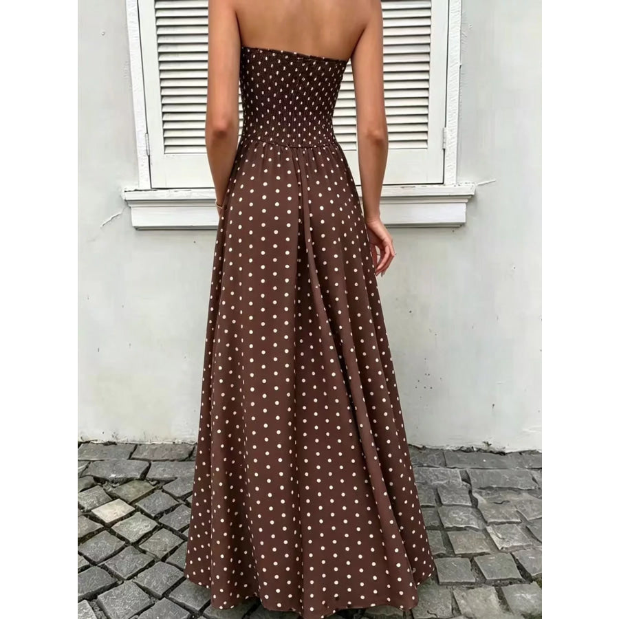 Strapless Polka Dot Ruched Maxi Dress Apparel and Accessories