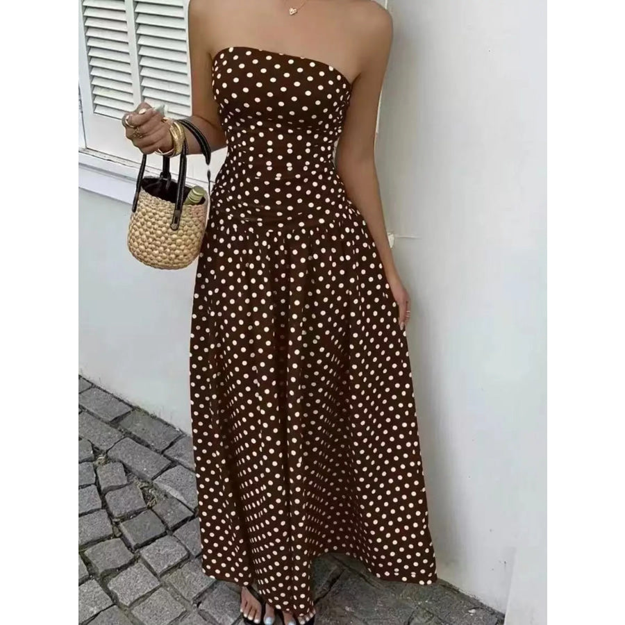 Strapless Polka Dot Ruched Maxi Dress Apparel and Accessories