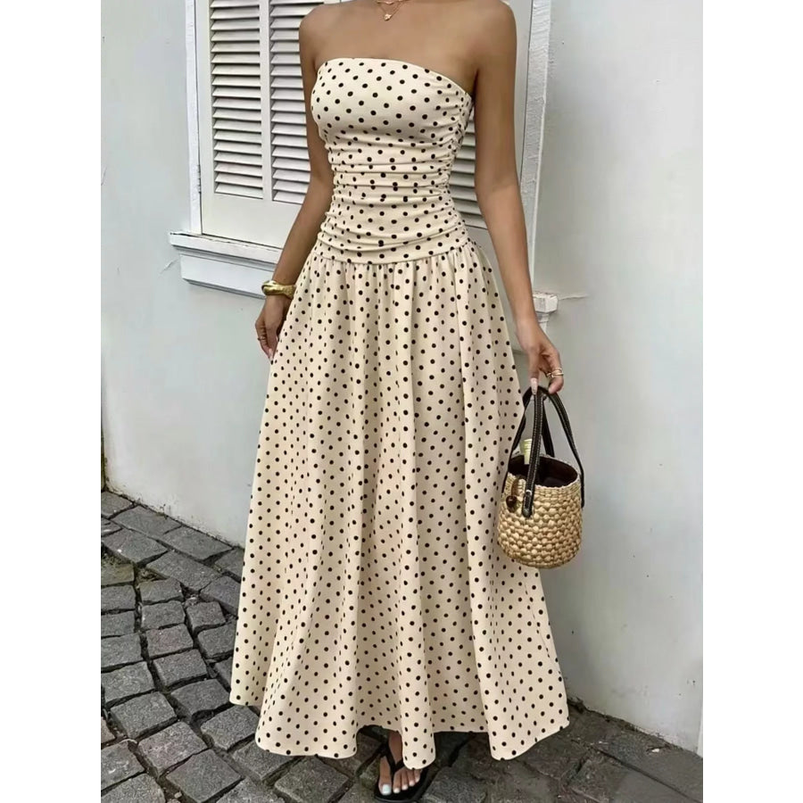 Strapless Polka Dot Ruched Maxi Dress Apricot / S Apparel and Accessories