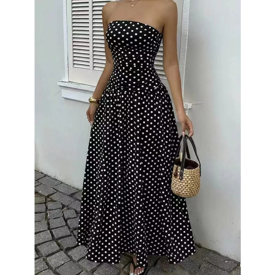 Strapless Polka Dot Ruched Maxi Dress Black / S Apparel and Accessories