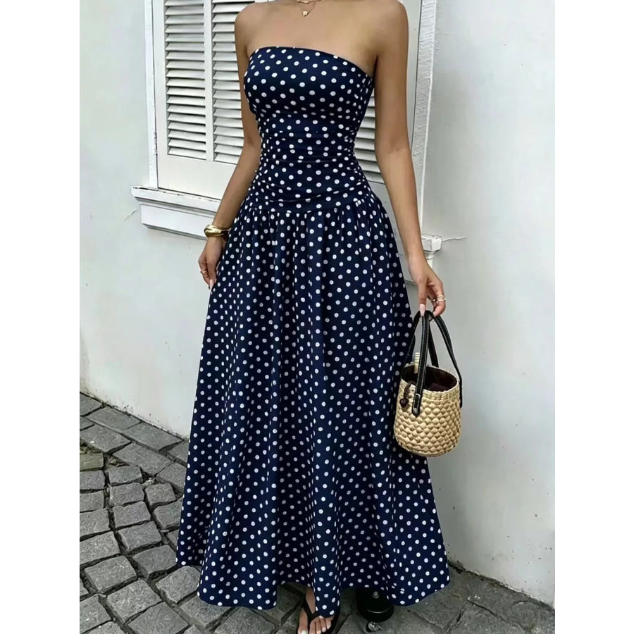 Strapless Polka Dot Ruched Maxi Dress Blue / S Apparel and Accessories