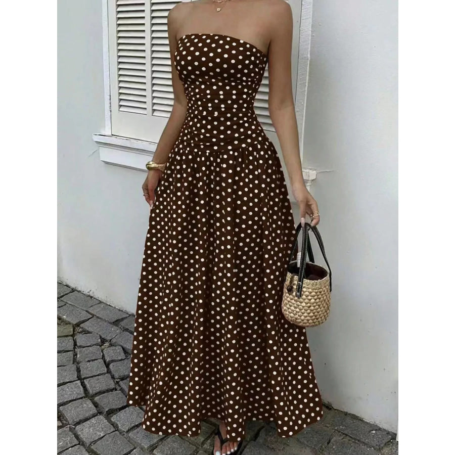Strapless Polka Dot Ruched Maxi Dress Coffee / S Apparel and Accessories
