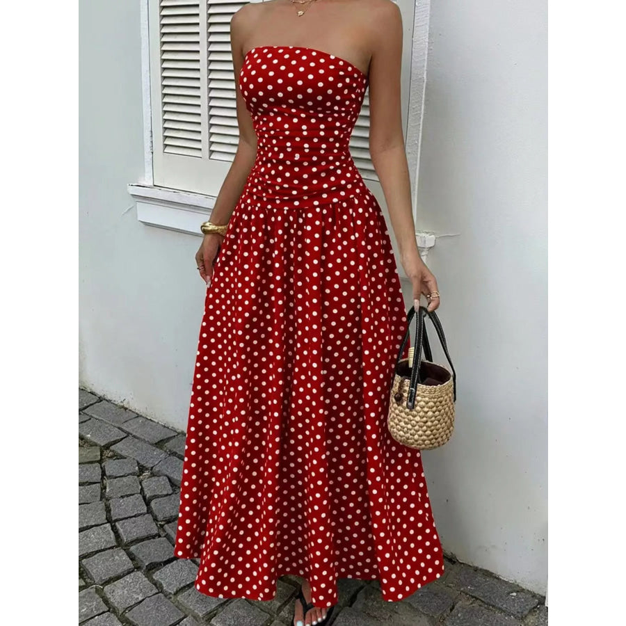 Strapless Polka Dot Ruched Maxi Dress Red / S Apparel and Accessories