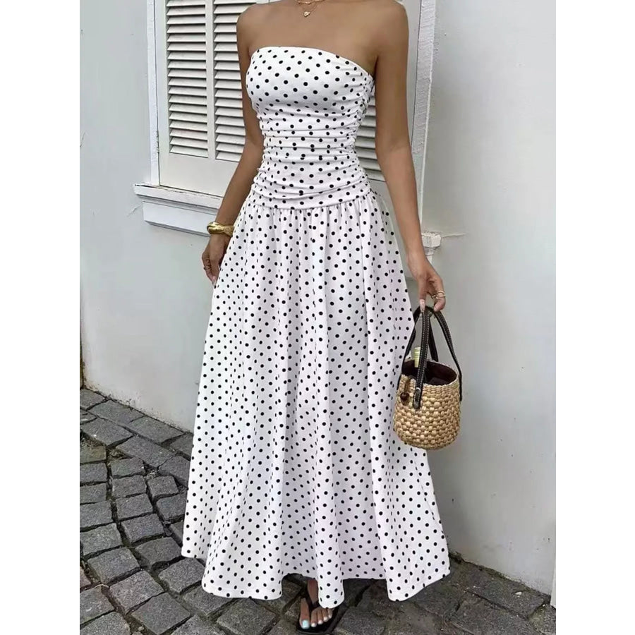 Strapless Polka Dot Ruched Maxi Dress White / S Apparel and Accessories