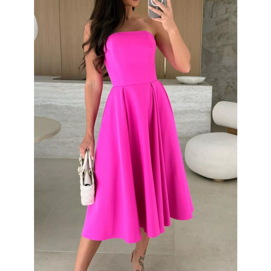 Strapless Ruched A-Line Midi Dress Apparel and Accessories