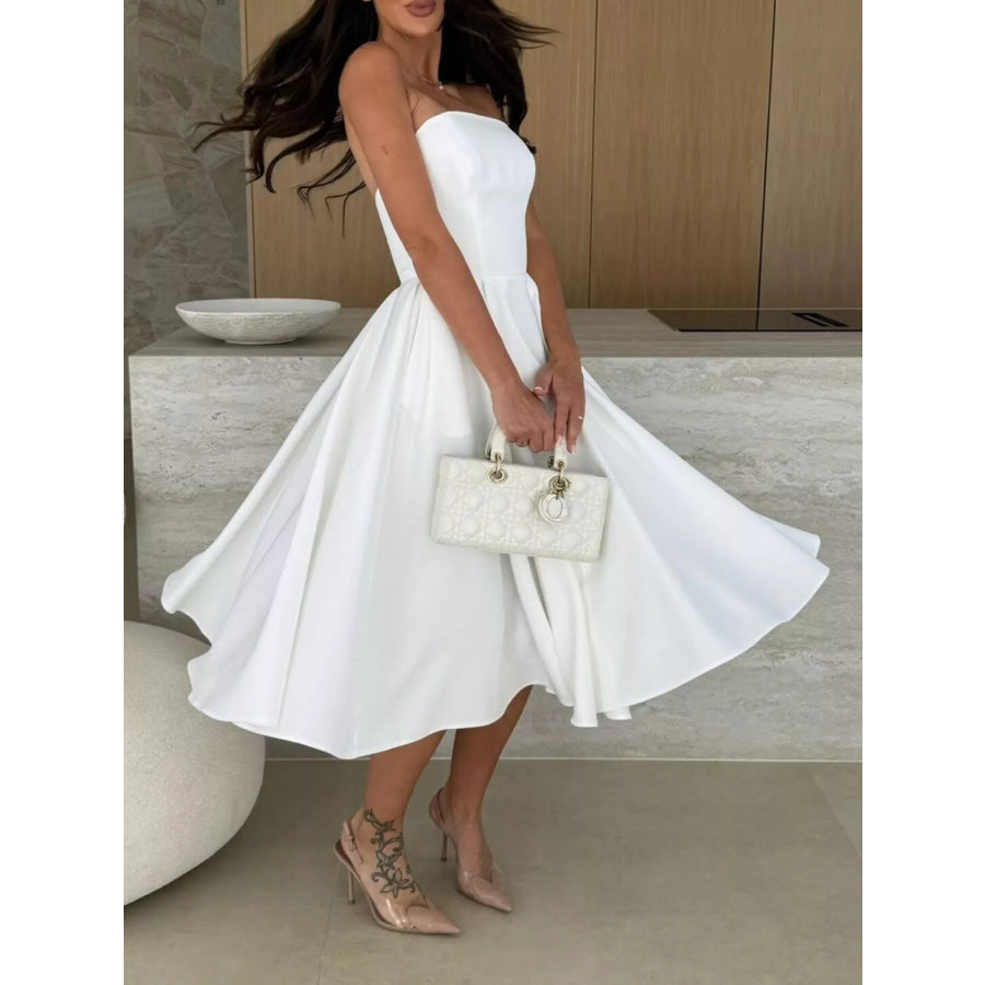 Strapless Ruched A-Line Midi Dress Apparel and Accessories
