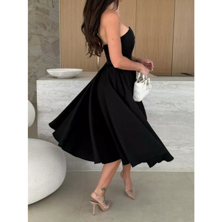 Strapless Ruched A-Line Midi Dress Apparel and Accessories