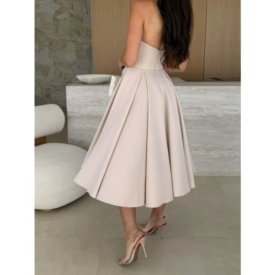 Strapless Ruched A-Line Midi Dress Apparel and Accessories