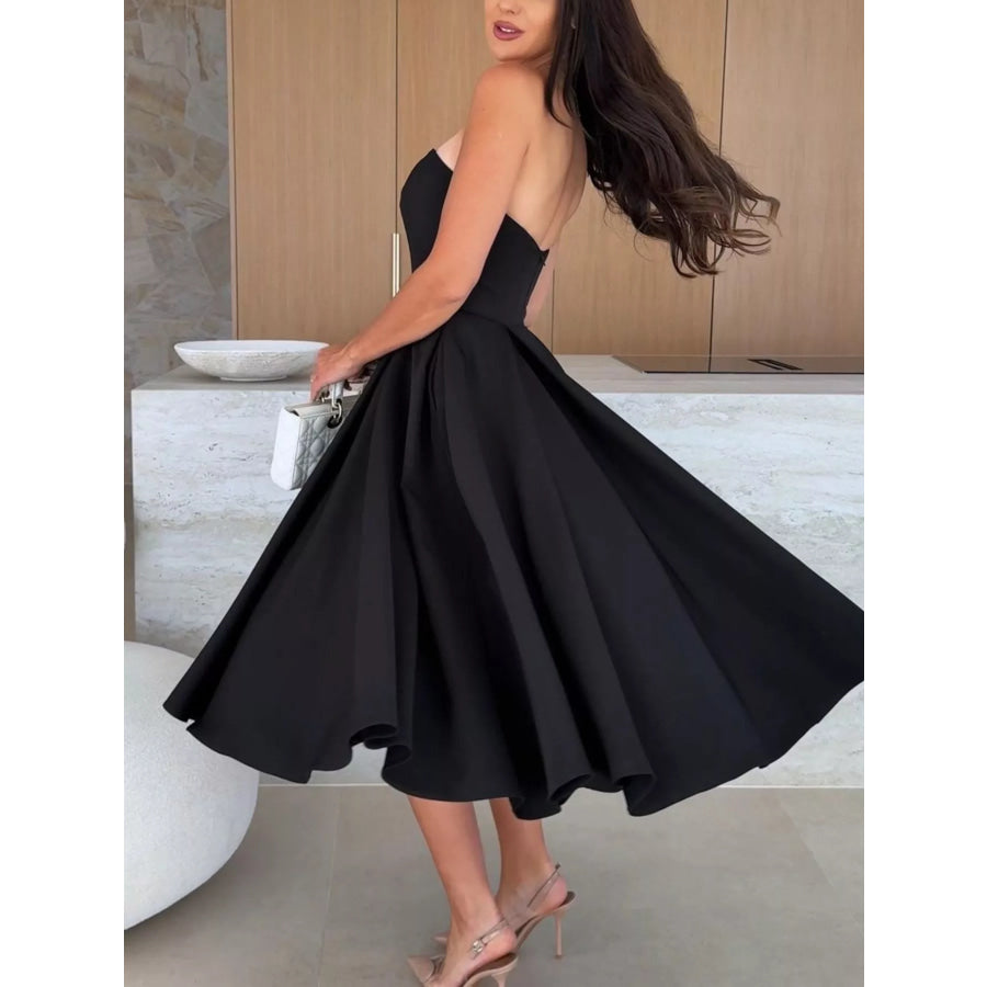 Strapless Ruched A-Line Midi Dress Apparel and Accessories