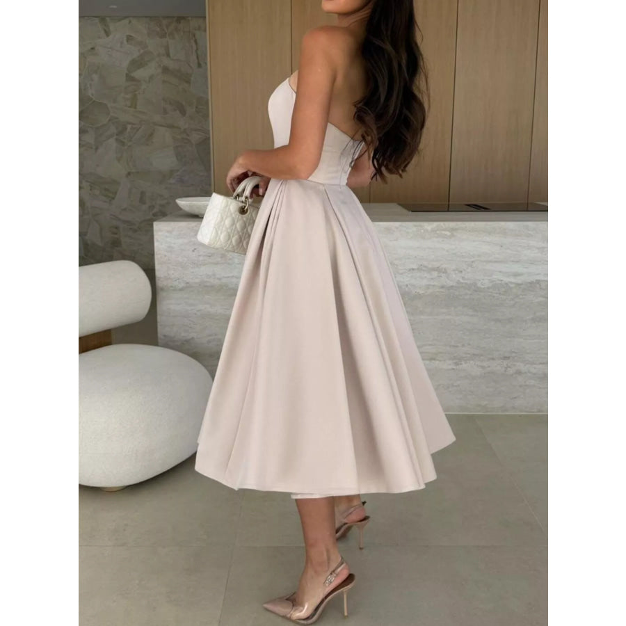 Strapless Ruched A-Line Midi Dress Apparel and Accessories