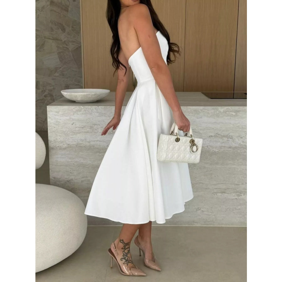 Strapless Ruched A-Line Midi Dress Apparel and Accessories